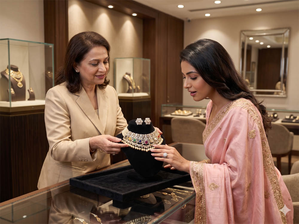 Expert sales assistant showing a handcrafted Navratan choker studded with Polki and diamonds to a customer at Zevar Emporium jewellery store in Jaipur.
