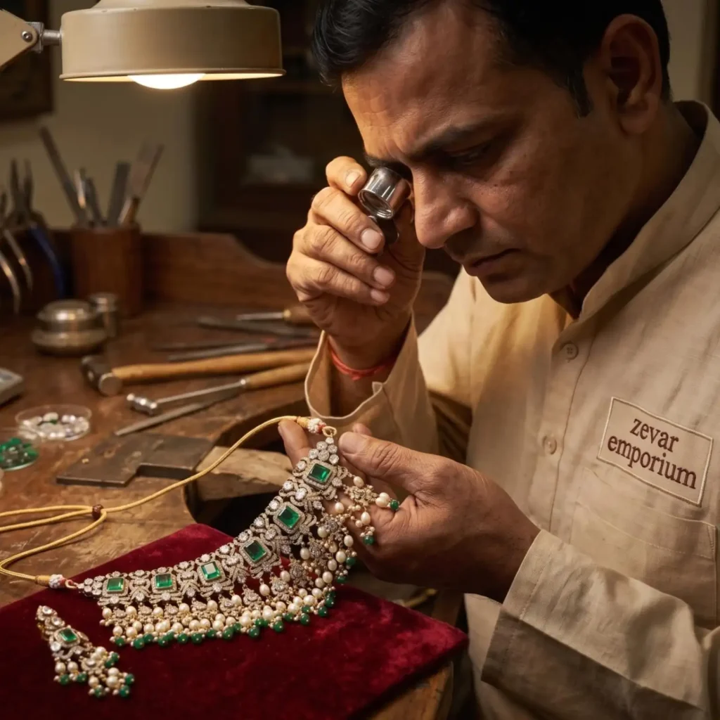 Jaipur artisan crafting Antique Victorian open setting Polki choker with diamonds and uncut stones at jewellery store in Jaipur