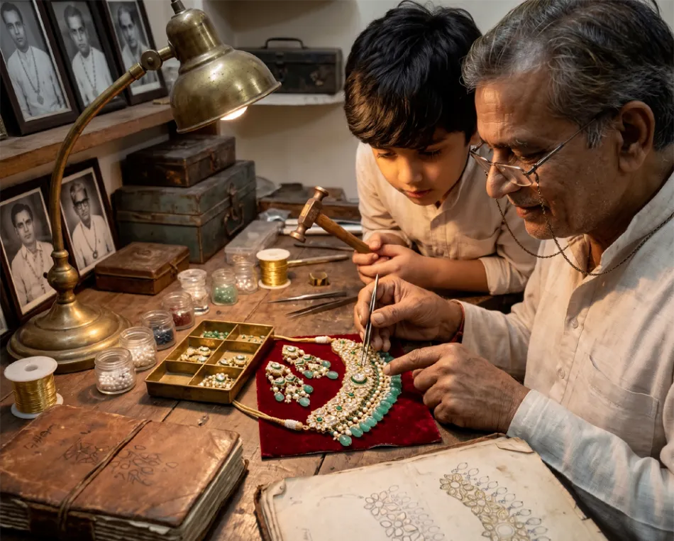 A master Jaipur goldsmith teaching his grandson the intricate technique of hand-setting Syndicate Polki diamonds into a luxury choker.