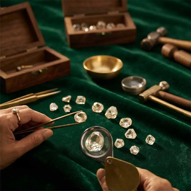 A close-up of master artisans at Zevar Emporium hand-selecting premium Syndicate Polki diamonds for a luxury handcrafted necklace.