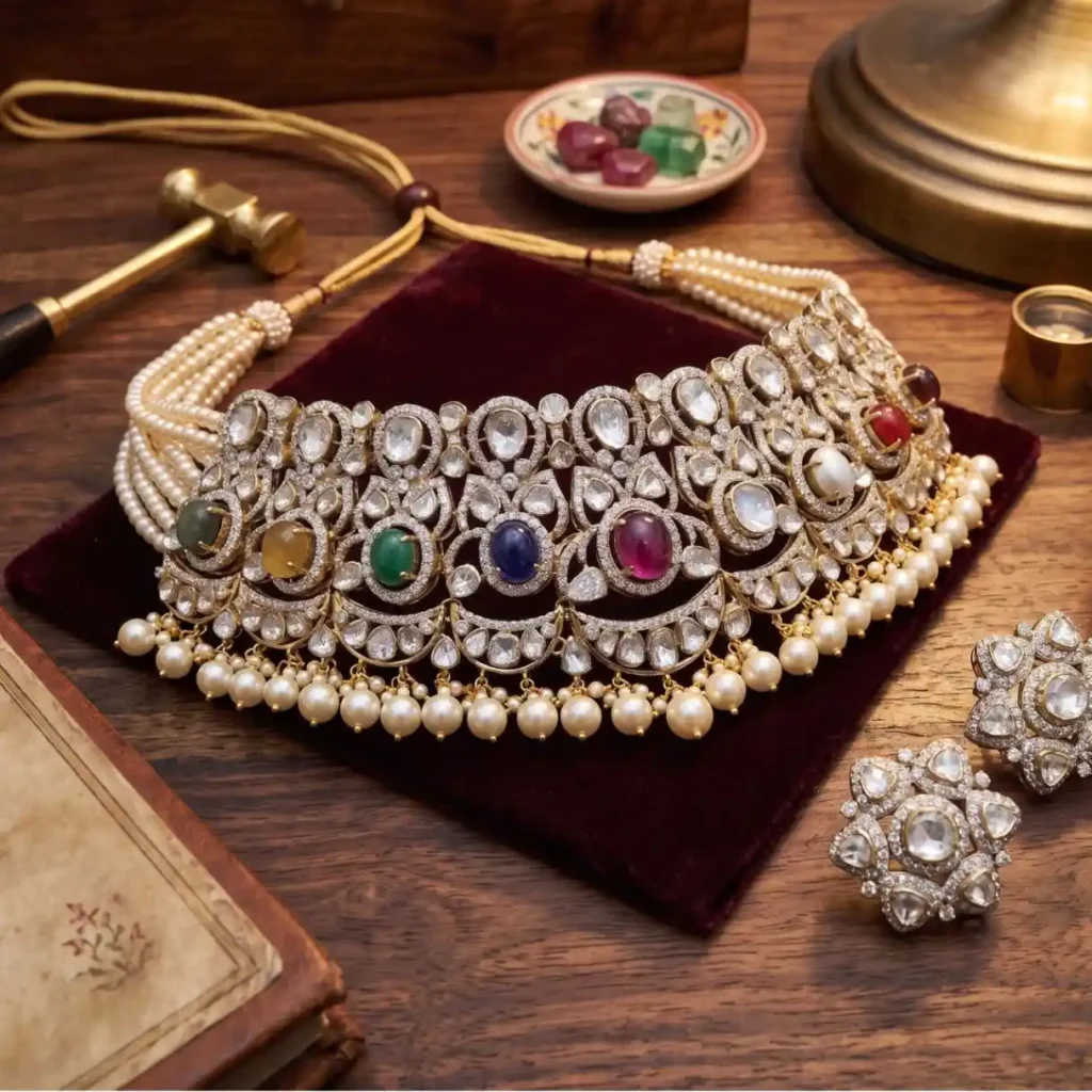A luxury Navratan choker featuring premium Syndicate Polki and precious gemstones crafted in a traditional open setting by Zevar Emporium Jaipur.