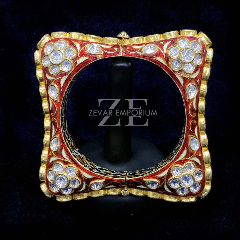 Detailed view of Syndicate Polki stones and fine Red Meenakari work on 22K Gold Bangle