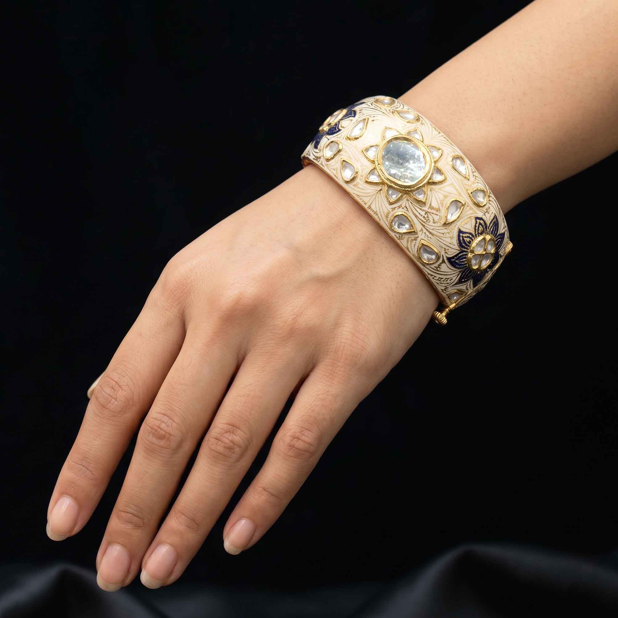 Single Hand Statement 18K Polki Kada with Blue and Ivory Meena for Luxury Wear