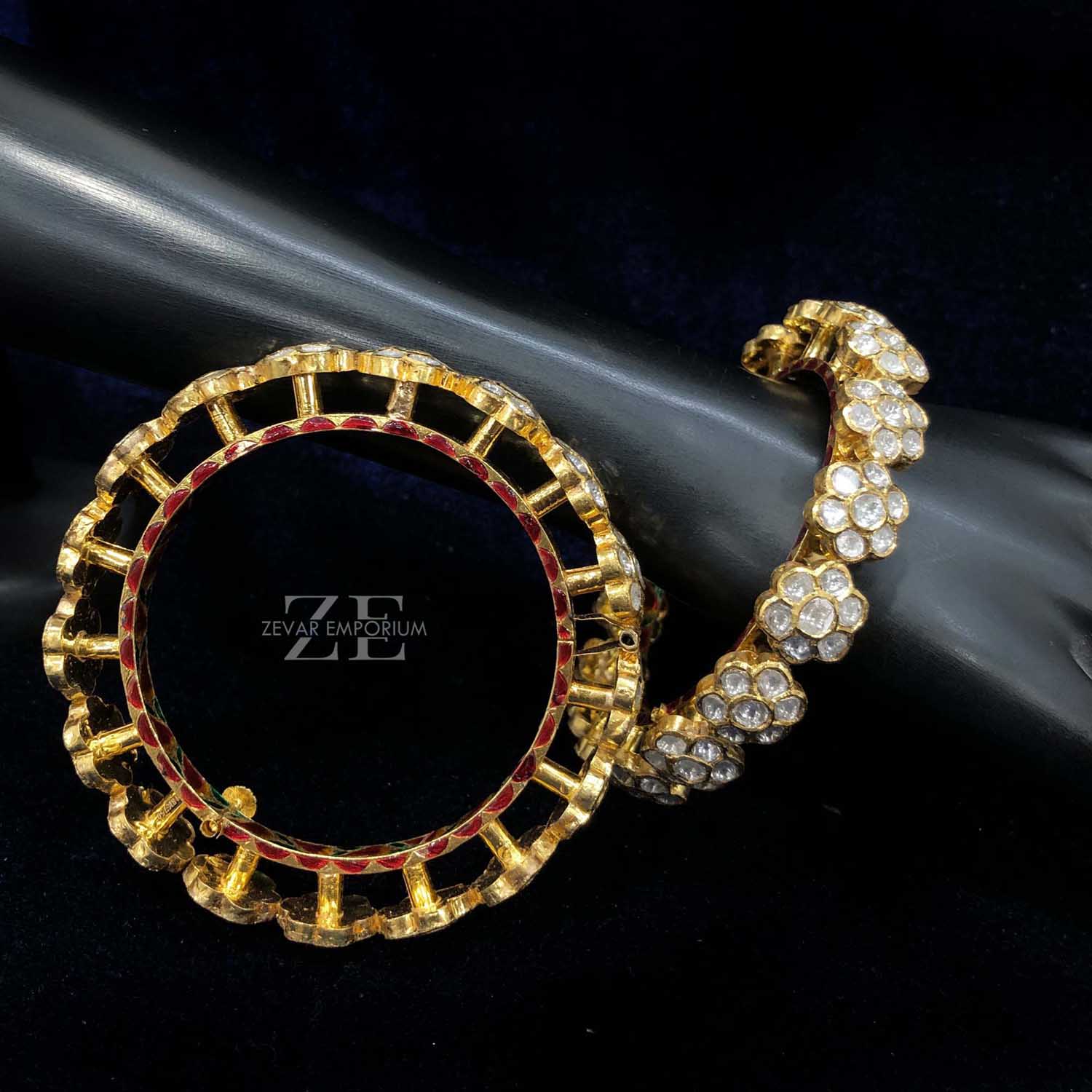 Side Profile of Elevated Polki Bangles showing 3D Jadau Craftsmanship in 18K Gold