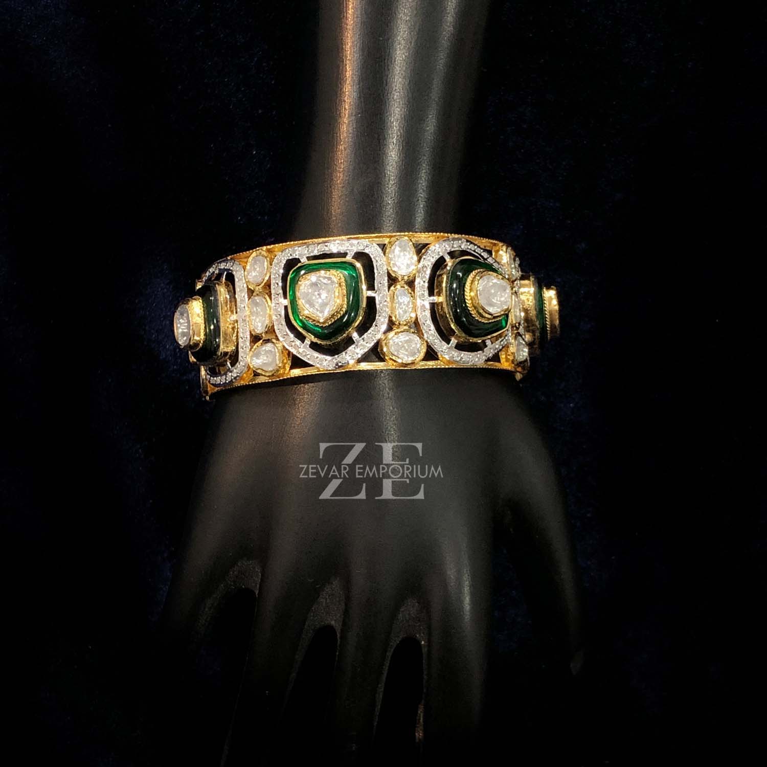 14K Gold Bridal Polki Bangle - Heritage Diamond Design
