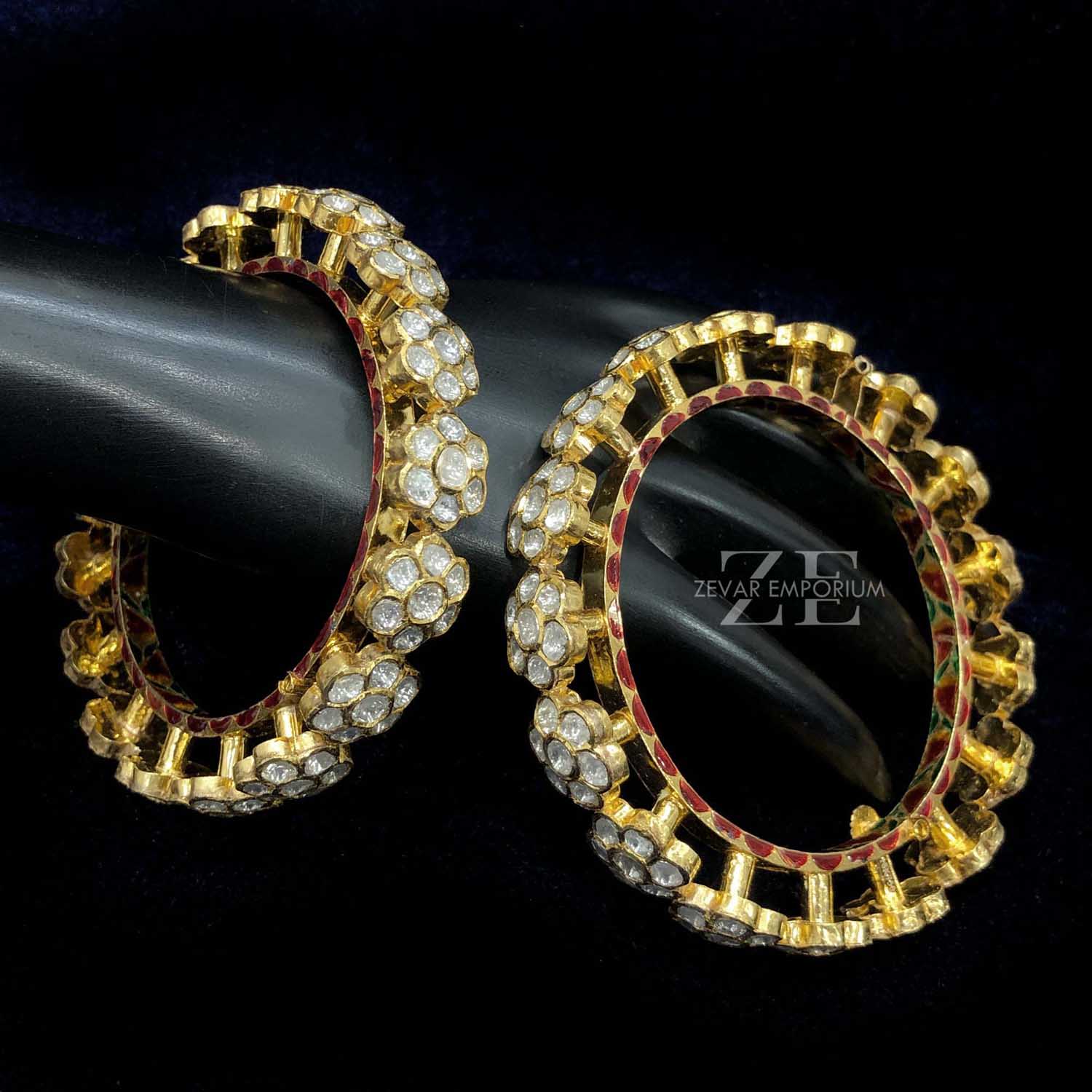 Polki Pacheli Jadau Bangles in 18K Gold with Syndicate Uncut Diamond Polki and Meenakari Work