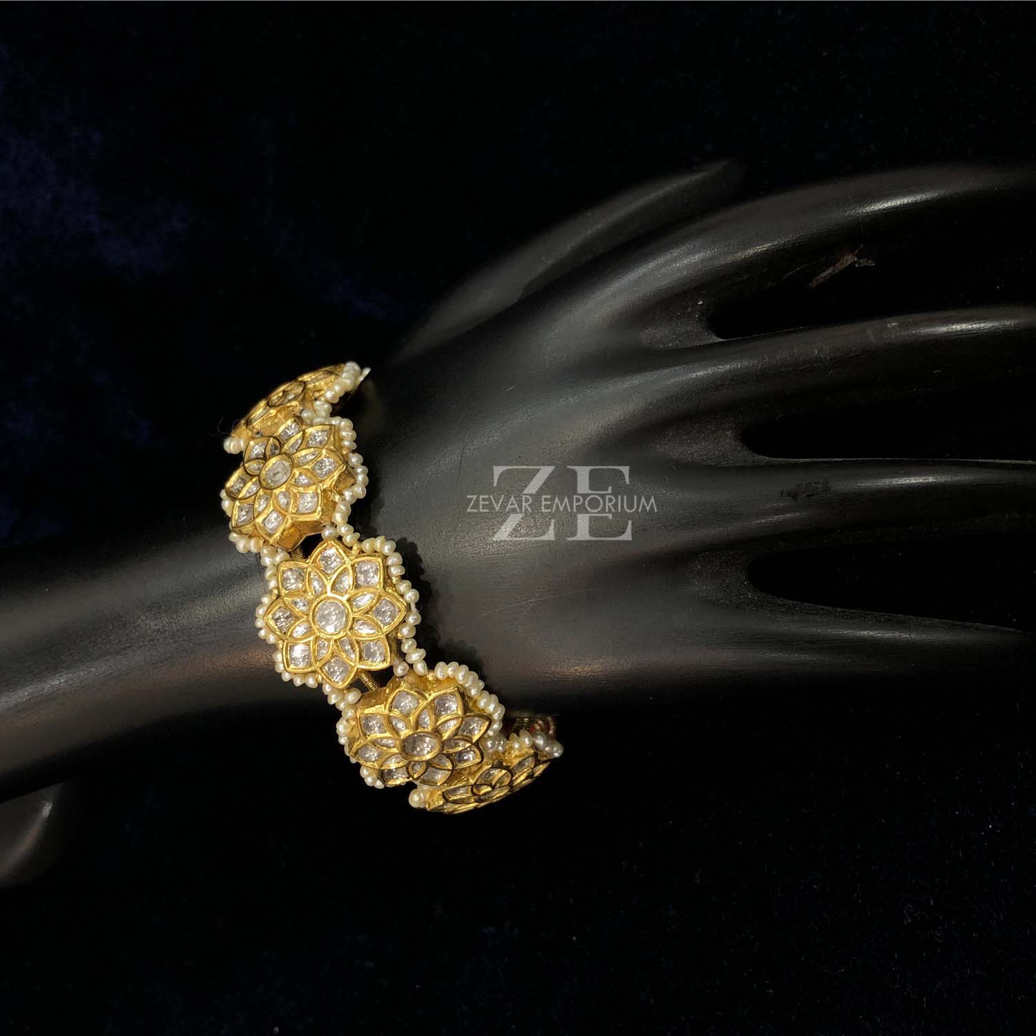 Polki Floral Bracelet in 22K Gold with Syndicate Polki and Freshwater Pearls