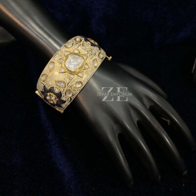 Gold & Diamond Polki Meenakari Bangle in 18K Gold with Syndicate Uncut Diamond Polki