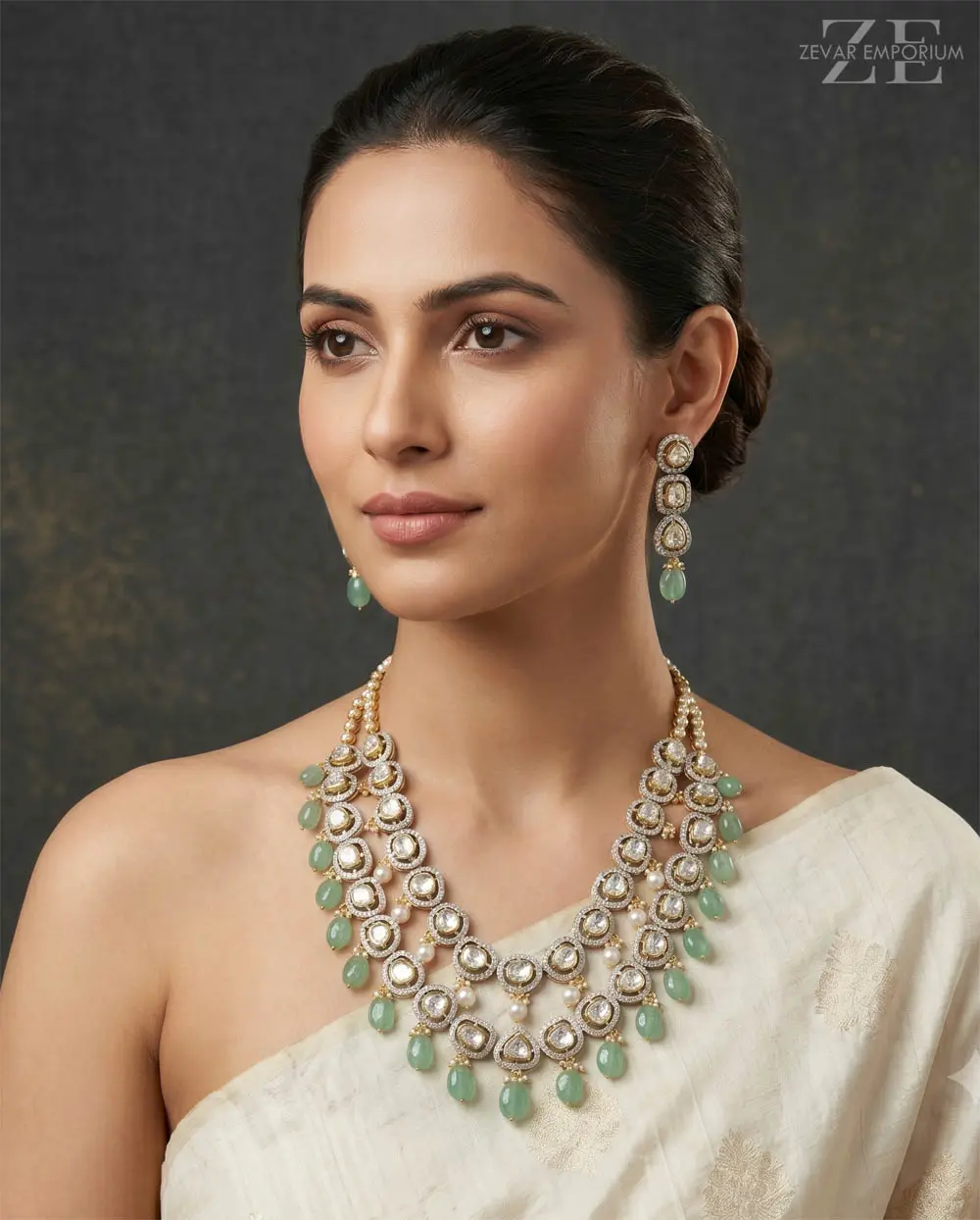 Model wearing 14k gold fusion polki diamond double string necklace set wedding bridal jewellery store in jaipur.