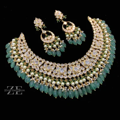 Polki Round Necklace Set in 18K Gold with Syndicate Uncut Diamond Polki and Matching Chandbalis
