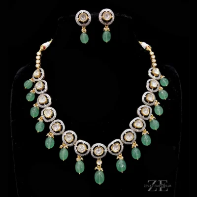 Polki Single line 14k Necklace set with a Halo of Small Round Brilliant Cut Diamonds