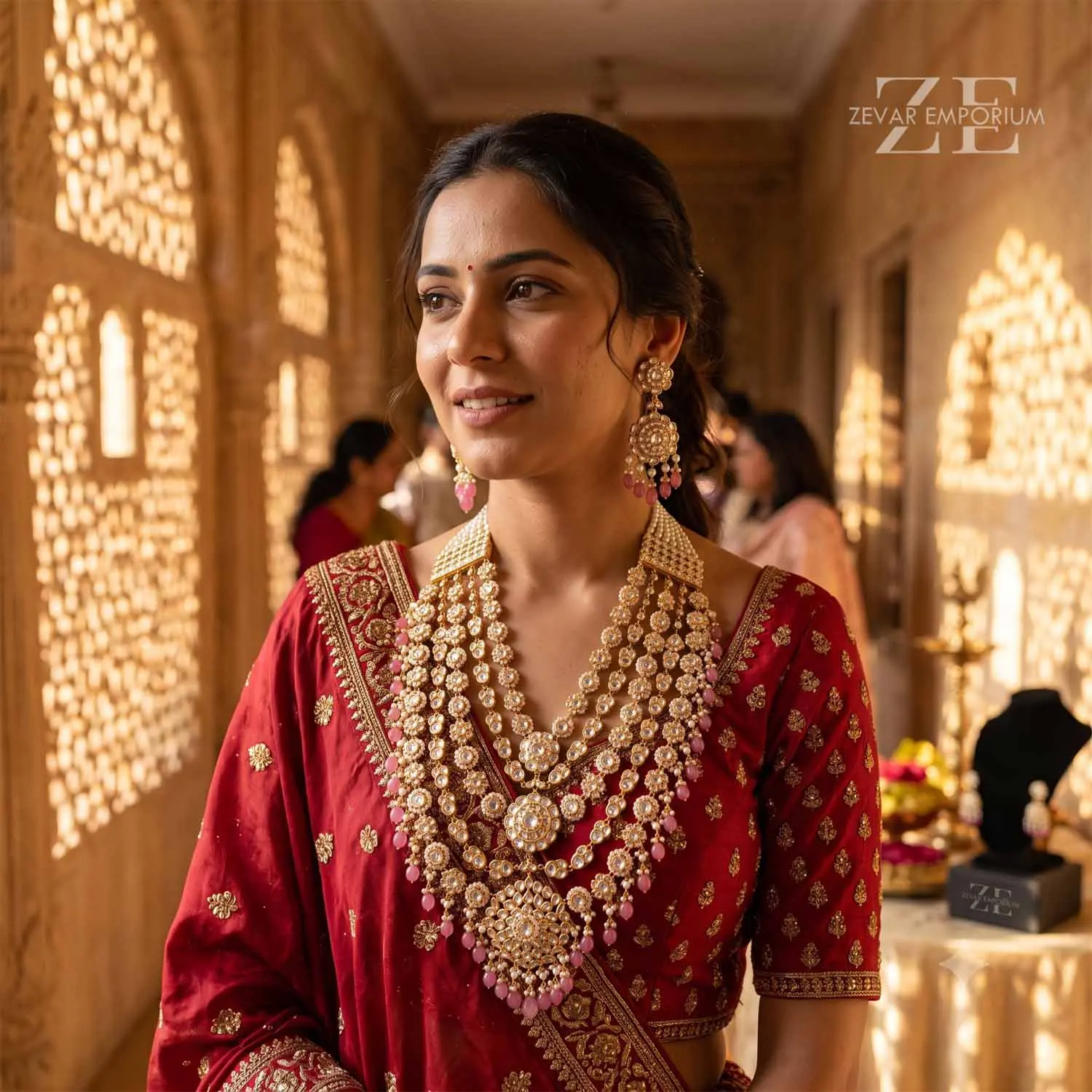 Model wearing royal raani haar long polki necklace satyani style 5 string uncut diamond bridal jewellery set jaipur jeweller.