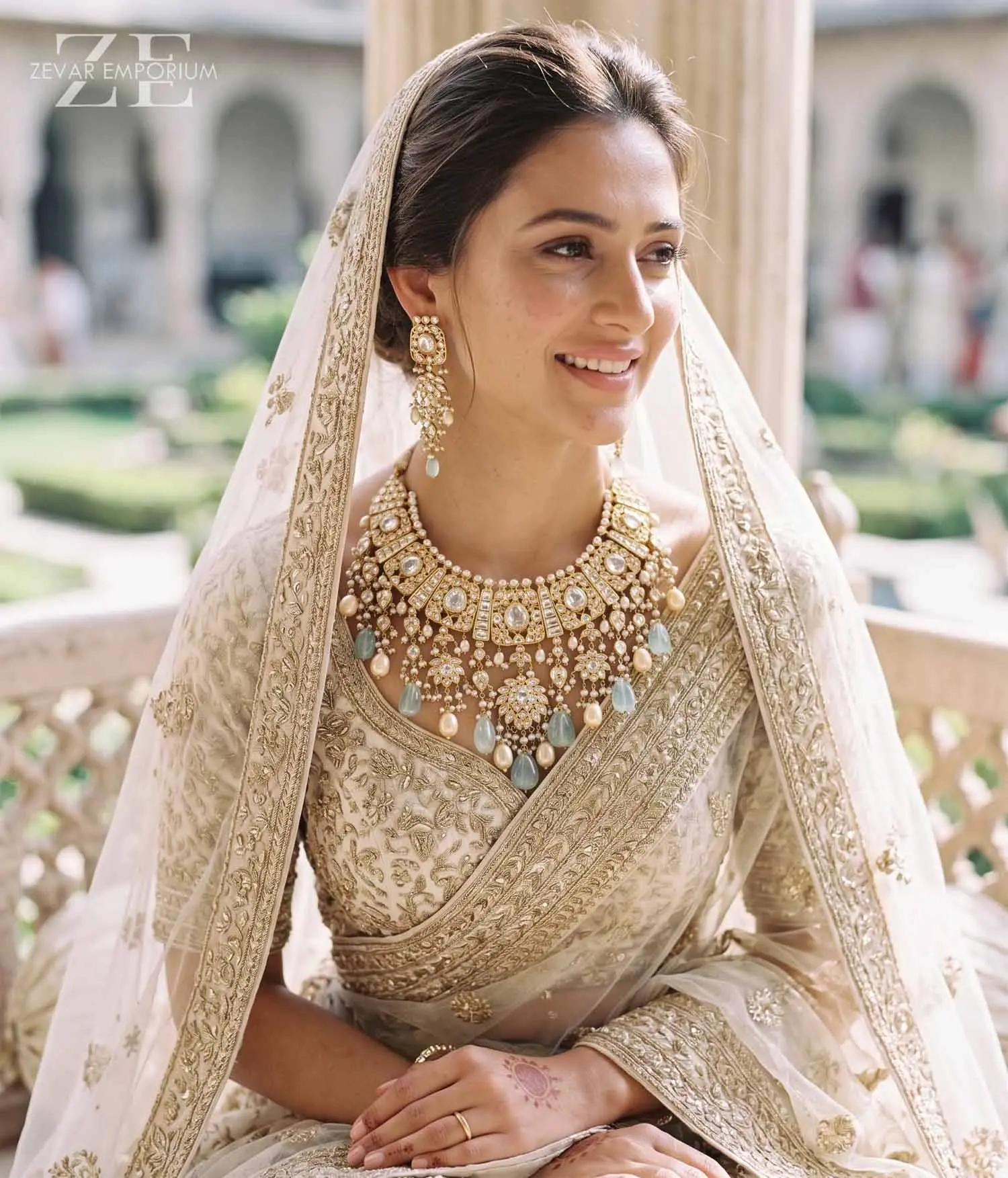 Model styling a heavy bridal Polki choker necklace and matching earrings from a premium jewellery store in jaipur.