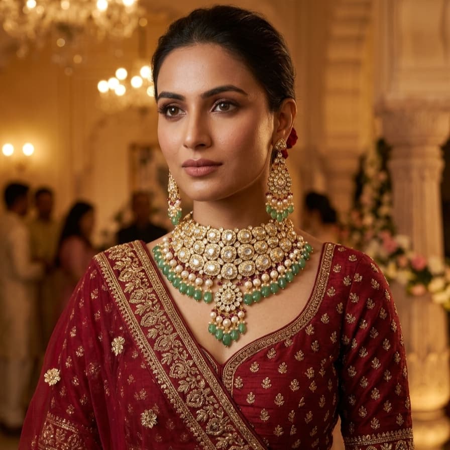 Model wearing a Jadau Polki bridal choker set with matching earrings and a red traditional outfit