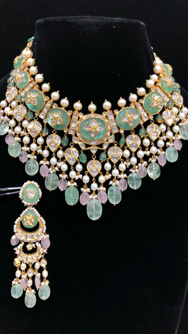 Kundan Polki Set Uncut Diamond with Emerald Stone  Amrutco